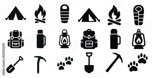 Camping and adventure solid icons set – filled, outdoor, hiking symbols