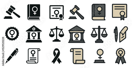 Legal and justice icons set – silhouette, solid, court and law symbols for attorneys