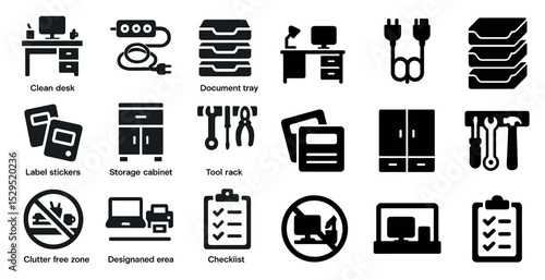 Office management solid icons set – tools, storage, organization essentials