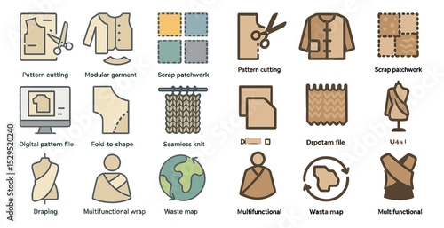 Fashion design flat icons set – sewing, patterns, garment creation symbols