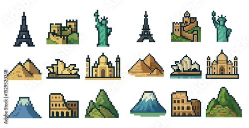 World landmarks pixel art icons set – isometric, mountains, historical sites graphics