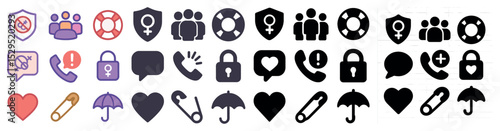 Safety and communication icons set – flat, filled, secure and alert symbols