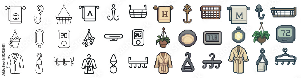 Bathroom essentials pixel art icons set – pixelated, retro, hygiene graphics Bathroom essentials pixel art icons set – pixelated, retro, hygiene graphics