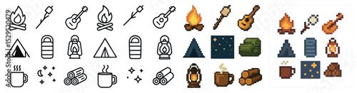 Camping and outdoor icons set – pixel art, bonfire, backpacking symbols