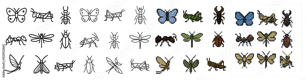 Naklejka premium Insect pixel art icons set – outline, pixelated, bug and nature symbols