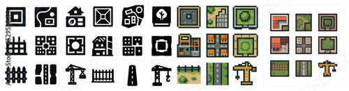 Urban planning pixel art icons set – city design, architecture, building elements
