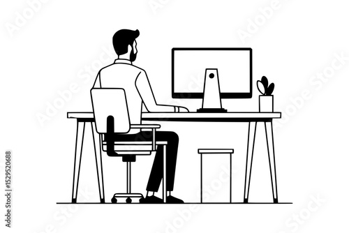  man working computer desk vector illustration