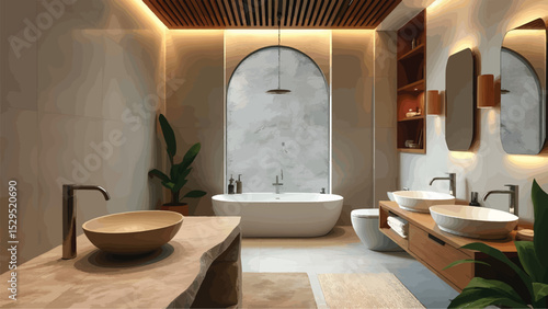 Modern bathroom with spa elements and natural textures