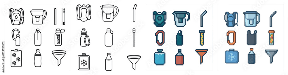Camping gear outline icons set – linear, silhouette, outdoor essentials symbols Camping gear outline icons set – linear, silhouette, outdoor essentials symbols