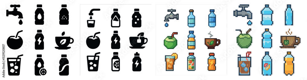 Beverages and drinks silhouette icons set – solid, filled, liquid and refreshment symbols Beverages and drinks silhouette icons set – solid, filled, liquid and refreshment symbols