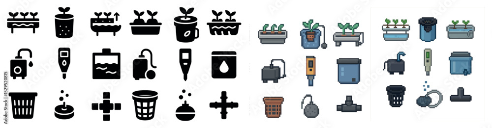 Hydroponics and gardening solid icons set – flat, filled, plant care symbols Hydroponics and gardening solid icons set – flat, filled, plant care symbols