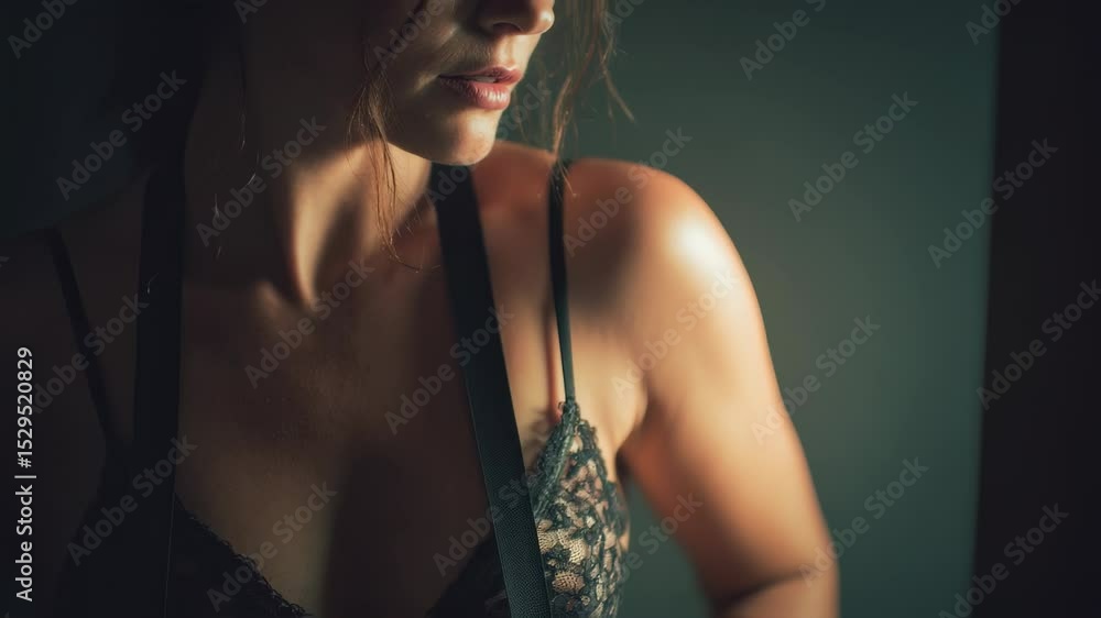 Woman adjusting delicate black lace bra strap in shadowy bedroom, revealing intimate moment of sensual elegance and feminine confidence
