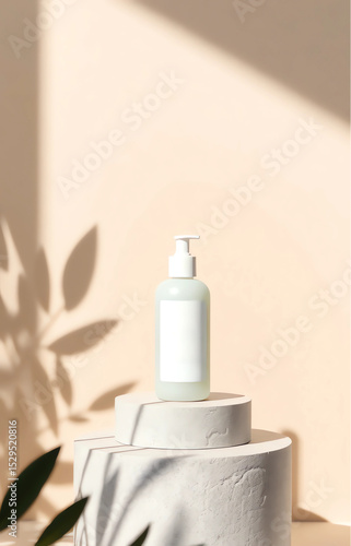 Natural skincare product mockup on stone pedestal with shadow of leaves, beige background, minimal aesthetic, no text