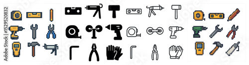Construction tools icons set – pixel art, solid, diy and building essentials