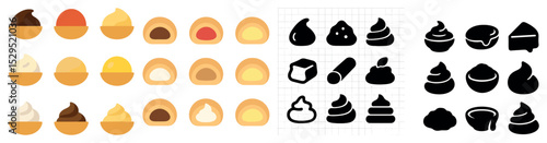 Sweets and desserts icons set – flat, filled, confectionery and candy graphics