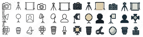 Photography pixel art icons set – camera, silhouette, vector tools collection