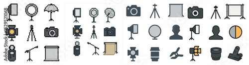 Photography equipment pixel art icons set – cameras, lighting, studio essentials