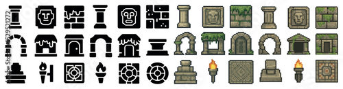 Ancient ruins pixel art icons set – filled, silhouette, historical archaeology symbols