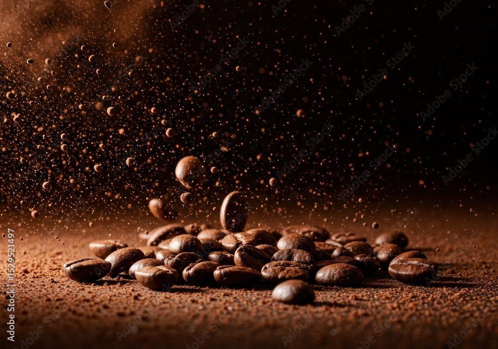 Roasted coffee beans suspended in mid-air against a dark background. Dynamic flying motion concept for energy, caffeine, and coffee advertising. Roasted coffee beans suspended in mid-air against a dark background. Dynamic flying motion concept for energy, caffeine, and coffee advertising.