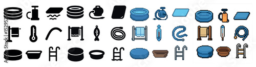 Pool equipment icons set – silhouette, outline, swimming tools and accessories