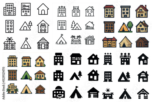Camping and lodging icons set – pixel art, outline, outdoor and hostel symbols