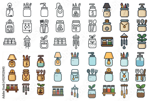 Home decor icons set – outline, pixel art, interior and decoration symbols