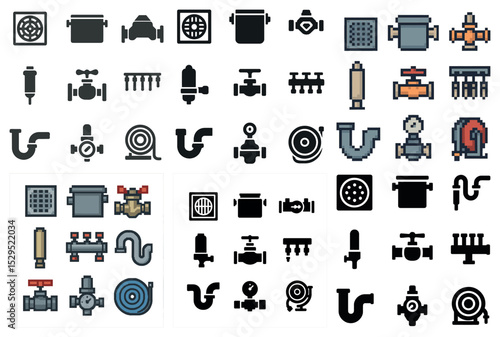 Plumbing and pipework pixel art icons set – silhouette, tools and maintenance