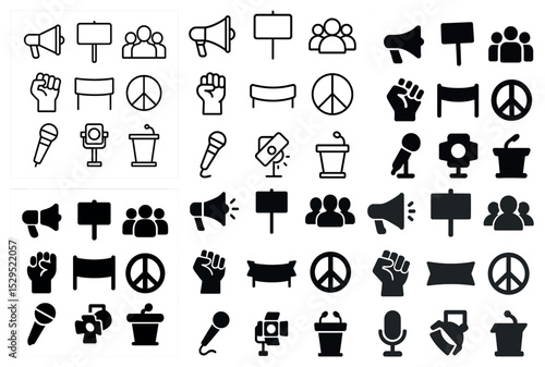 Protest and peace icons set – solid, silhouette, activism and demonstration symbols