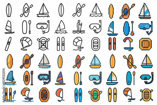 Water sports icons set – linear, outline, sailing and diving visual symbols