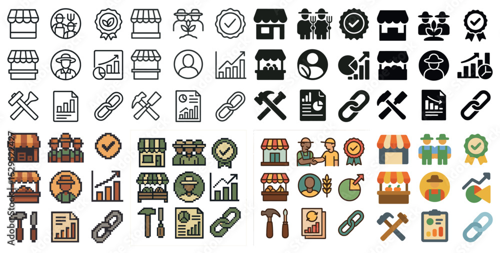 Agriculture and farming outline icons set – line, pixel art, harvest symbols Agriculture and farming outline icons set – line, pixel art, harvest symbols
