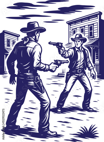 Western cowboy duel in vintage engraving style illustration