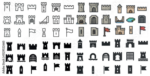 Medieval castle outline icons set – flat, fortress, historical architecture graphics