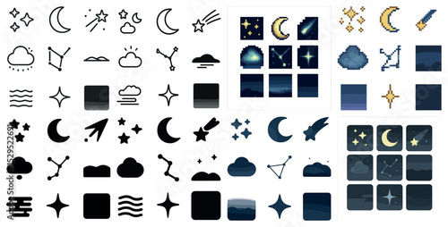Night sky outline icons set – celestial, starry, constellation symbols