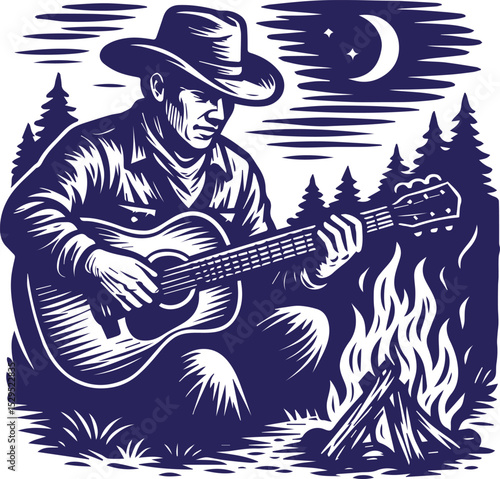 Cowboy playing guitar by campfire at night in vintage line art