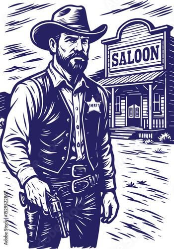 Western sheriff with revolver standing near saloon in vintage line art