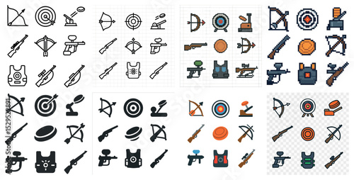 Archery and shooting icons set - solid, outline, target and weapon symbols