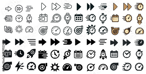 Speed and time pixel art icons set – retro, sports, fast movement symbols