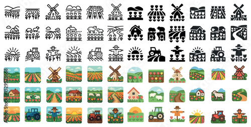 Agriculture and farming icons set – outline, linear, farm and harvest symbols