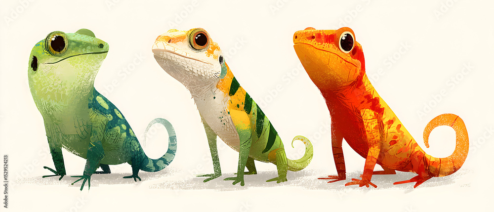 Fototapeta premium Three lizards are sitting on a white background