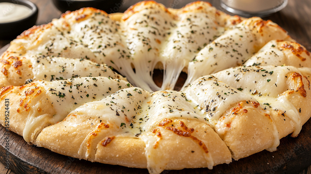 Delicious cheesy garlic bread with herbs, a perfect appetizer, and a tasty snack Delicious cheesy garlic bread with herbs, a perfect appetizer, and a tasty snack