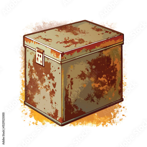 Isometric Rusty Metal Box Container Illustration - Old Style, Aged, Weathered