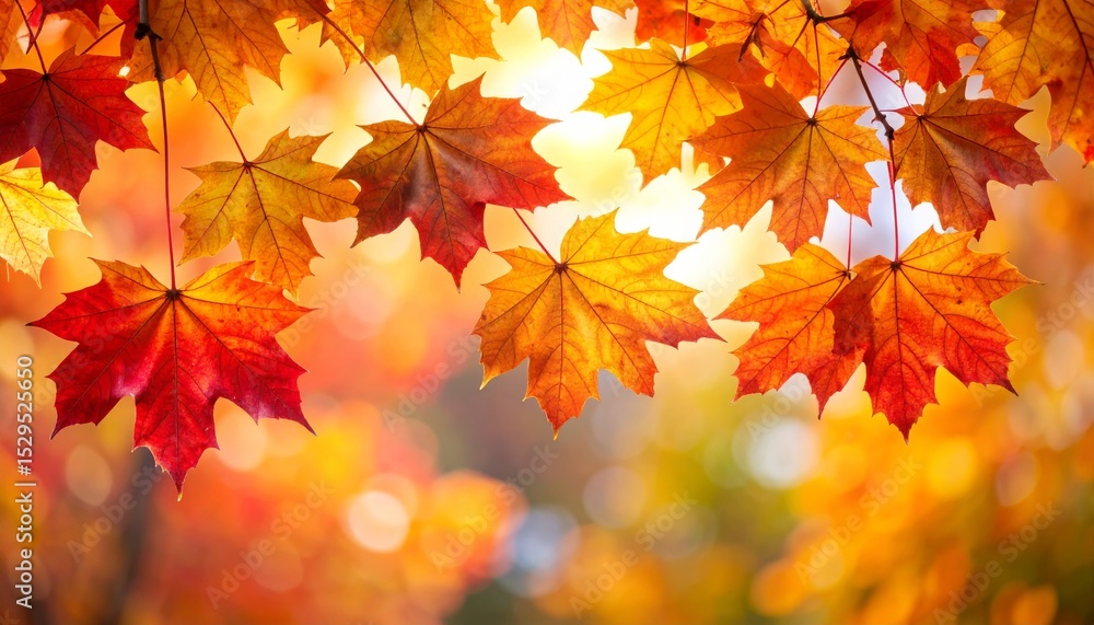 Vibrant autumn maple leaves showcasing warm hues of red, orange, and yellow against a soft, glowing bokeh background. Vibrant autumn maple leaves showcasing warm hues of red, orange, and yellow against a soft, glowing bokeh background.
