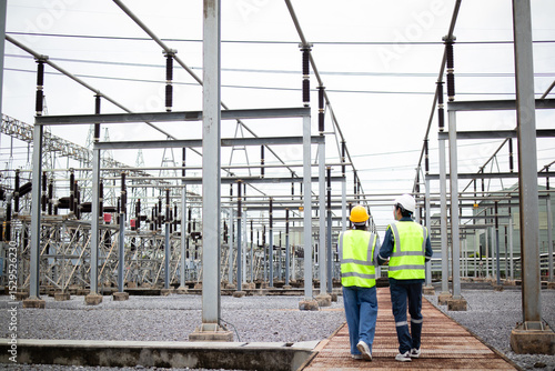 Foto Engineer is working at high voltage substation wearing safety gear and reflectiv