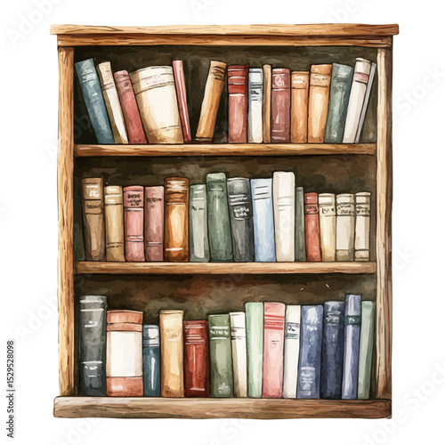 Bookshelf, watercolor illustration vector, high quality, isolated on a white background.