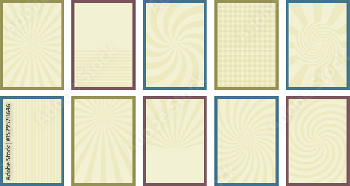 Set of retro backgrounds in style of 60s, 80s, 70s. Hand drawn Groovy arts. Hippie flyers.Abstract Trendy card with rays of sun, circles, lines. Nostalgia for vintage time. Vector illustration