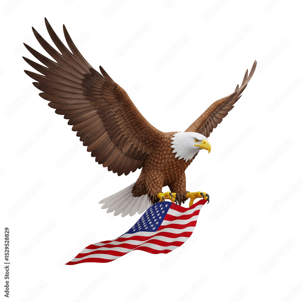 Naklejka premium Majestic Bald Eagle Carrying American Flag 3D Render