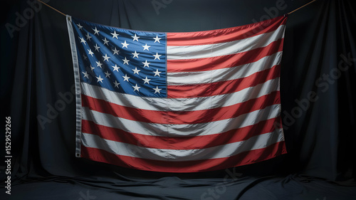 A slightly wrinkled american flag hanging against a dark fabric backdrop in a studio setting