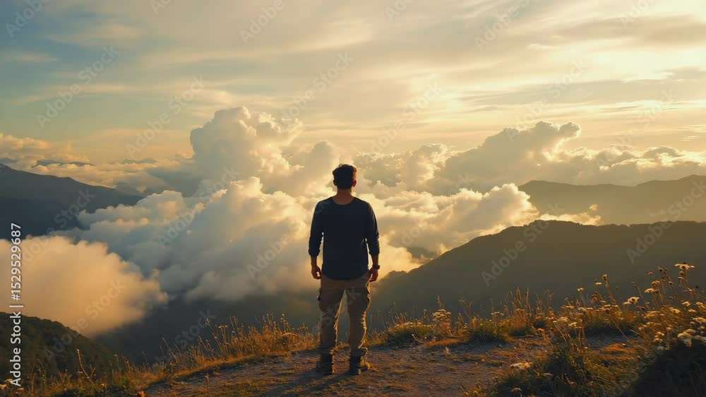 Man standing on mountain peak with dramatic cloud stream in background Man standing on mountain peak with dramatic cloud stream in background