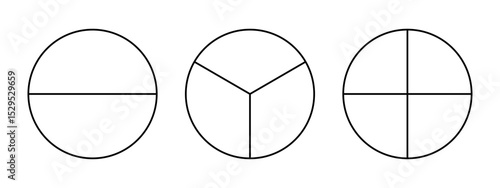 Divided circle in two, three, four segments. Pizza rounded shape, pie shape cut in 2,3,4 equal slices. Black simple line chart. Outline style. 