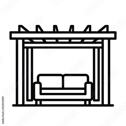 Gazebo and Sofa: An illustration of a minimalist gazebo design with a sofa inside, rendered in a clean, vector line style, suggesting relaxation and architectural simplicity.